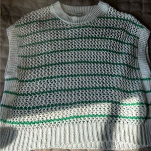 Madewell White Sleeveless Open-Knit Top with Green Stripes